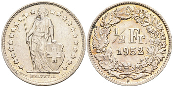 Швейцария 1/2 франка 1952 В KM 23 серебро 95-322