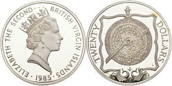 Британские Виргинские острова 20 долларов 1985 латунный пассажный инструмент KM 54 серебро  PROOF  1095-2-24