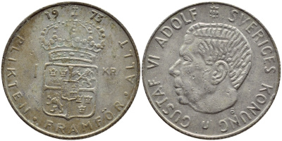 Швеция 1 крона 1973 Густав VI Адольф (1950-1973) KM 826а медь плакированная медно-никелем 4395-233