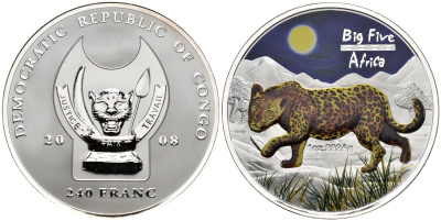 ДР Конго 240 франков 2008 серия 5 крупнейших животных Африки (Big Five), леопард, цветная эмаль  серебро  PROOF  11-147-25