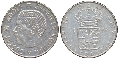 Швеция 1 крона 1967 U, Густав VI Адольф (1950-1973) KM 826 серебро 4178-757