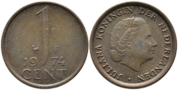 НИДЕРЛАНДЫ 1 ЦЕНТ 1974 ЮЛИАНА KM 180 бронза 96-1237