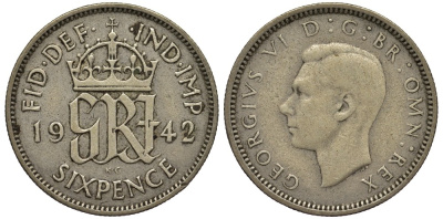 Великобритания 6 пенсов 1942 Георг VI (1936-1952) KM 852, Spink 4084 серебро 4538-511
