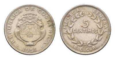 Коста-Рика 5 сентимо 1951 KM 184.1 медно-никель 4669-1149