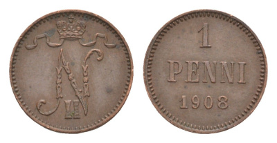Россия для Финляндии 1 пенни 1908 Николай II (1894-1917) Биткин 469 медь 4655-238