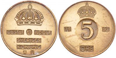 Швеция 5 эре 1965 U, Густав VI Адольф (1950-1973) KM 822 бронза 4548-421