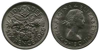 Великобритания 6 пенсов 1966 Елизавета II (1952-2022) KM 903, Spink 4149 медно-никель 4381-849