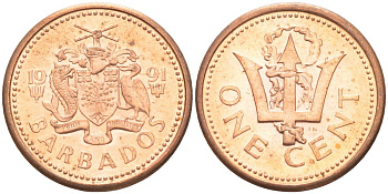 Барбадос 1 цент 1991 сломанный трезубец Британии KM 10 бронза 187-264