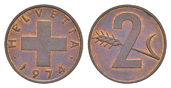 Швейцария 2 раппена 1974 KM 47 бронза UNC 4630-1031
