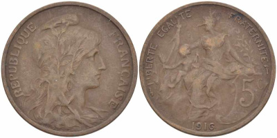 ФРАНЦИЯ 5 САНТИМОВ 1916 ТИП ДАНИЭЛЬ ДЮПЮИ KM 842, LE FRANC 119.28 бронза 108-1013