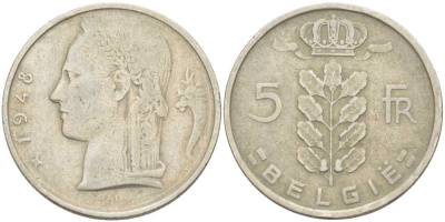 БЕЛЬГИЯ 5 ФРАНКОВ 1948 BELGIE, ЛЕОПОЛЬД II (1934-1950) KM 135.1 медно-никель 202-1145