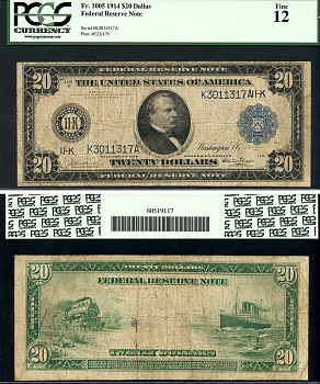 США 20 долларов 1914 National Bank Note, Даллас, Гровер Кливленд - 22-й и 24-й президент США, в слабе PCGS 12 Fr 1005  бумага   452-1-150