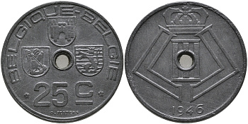 БЕЛЬГИЯ 25 САНТИМОВ 1946 BELGIQUE-BELGIE, ГЕРМАНСКАЯ ОККУПАЦИЯ, ВТОРАЯ МИРОВАЯ ВОЙНА KM 131 цинк 94-326