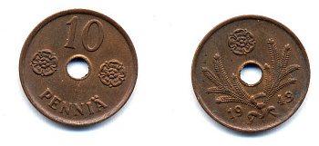ФИНЛЯНДИЯ 10 ПЕННИ 1943 KM 33.1 медь 51-5031
