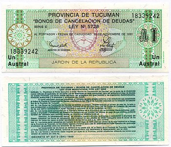 Аргентина, провинция Тукуман 1 аустраль 1991 Pick S 2711b бумага 8564-39-1