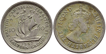 Британские Восточно-Карибские территории 10 центов 1962 Елизавета II (1952-2022), парусник KM 5 медно-никель 4387-1224