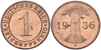 Германия 1 рейхспфенниг 1936 A KM 37, J. 313 бронза 4549-439