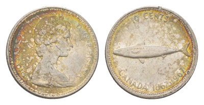 Канада 10 центов 1967 рыба, 100 лет Конфедерации Канада, Ссеребро 0.800, вес 2,3 гр, диаметр 18,3 мм KM 67 серебро 4623-958