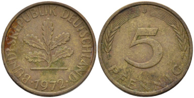 ФРГ 5 ПФЕННИГОВ 1972 J KM 107, J.382 сталь плакированная латунью 4567-868