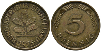 ФРГ 5 ПФЕННИГОВ 1975 D KM 108, J.383 сталь плакированная латунью 33-215