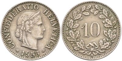 ШВЕЙЦАРИЯ 10 РАППЕНОВ 1953 В KM 27 медно-никель 55-241