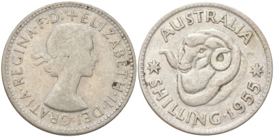 Австралия 1 шиллинг 1955 M, Елизавета II (1952-2022), овца меринос KM 59 серебро 4622-147
