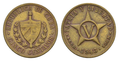 Куба 5 сентаво 1943 год-тип KM 11.3a латунь 4392-633