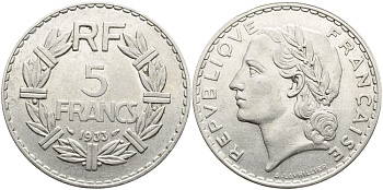 ФРАНЦИЯ 5 ФРАНКОВ 1933 KM 888 никель 4389-1112
