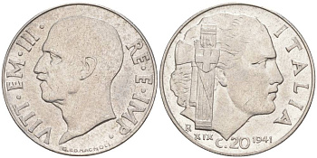 ИТАЛИЯ 20 ЧЕНТЕЗИМО 1941 R, ГОД XIX, ВИКТОР ЭММАНУИЛ III (1900-1946) KM 75b, VEM3. 1028 нержавеющая сталь 3853-1044