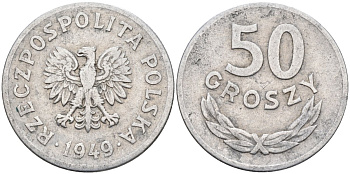 Польша 50 грошей 1949 KM 44а, Parchimowicz 209b алюминий 3336-313