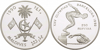 Мальдивские острова 250 руфий 1990 XXV Олимпийские игры в Барселоне 1992 года, плавание KM 85 серебро PROOF 04-313-45