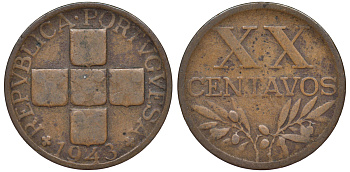 ПОРТУГАЛИЯ 20 СЕНТАВО 1943 KM 584 бронза 45-1165