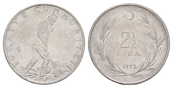 Турция 2 1/2 лиры 1973 KM 893.2 нержавеющая сталь 4654-352