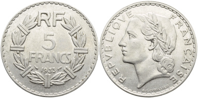 ФРАНЦИЯ 5 ФРАНКОВ 1933 KM 888 никель 4389-1112