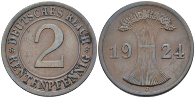 Германия 2 рентенпфеннига 1924 J KM 31, J.307 бронза    4594-848