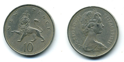 Великобритания 10 пенсов 1968 Елизавета II (1952-2022) KM 912, Spink 4231 (F1) медно-никель  4110-1124