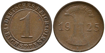 ГЕРМАНИЯ 1 РЕЙХСПФЕННИГ 1925 E KM 37, J. 313 бронза 39-922