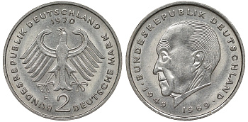ФРГ 2 МАРКИ 1970 F, КОНРАД АДЕНАУЭР KM 124, J. 406 медно-никель плакированный никелем плакированный никелем UNC 72-432