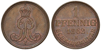 Ганновер 1 пфенниг 1862 B, Георг V KM 233, AKS 156, J. 90 медь 4594-533