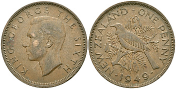 Новая Зеландия 1 пенни 1949 птица туи, король Георг VI (1937 - 1952) KM 21 бронза 4364-4216