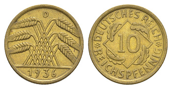 Германия 10 рейхспфеннигов 1936 D KM 40, J. 317 алюминиевая бронза 4549-1023