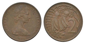 Новая Зеландия 2 цента 1974 Елизавета II (1952-2022), два цветка кохаи KM 32.1 бронза 4655-1144