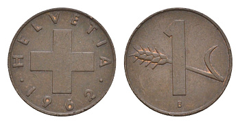Швейцария 1 раппен 1962 B KM 46 бронза 3458-142