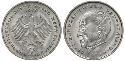 ФРГ 2 марки 1970 F, Конрад Аденауэр KM 124, J. 406 медно-никель плакированный никелем UNC 00-00