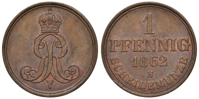 Ганновер 1 пфенниг 1862 B, Георг V KM 233, AKS 156, J. 90 медь 4594-533