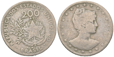 Бразилия 200 реалов 1901 MCMI, голова свободы вправо KM 504 медно-никель 4612-155