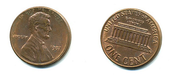 США 1 цент 1987 Линкольн KM 201b цинк плакированный медью 46-749