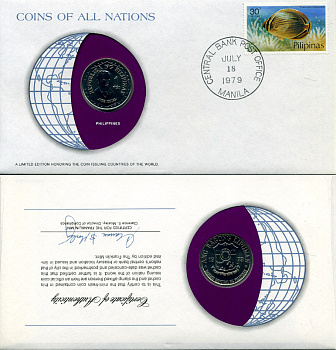 Филиппины 1 писо 1979 Хосе Рисаль, конверт с маркой первого дня гашения, Coins of Nations KM 209.2 медно-никель UNC 4294-26-2