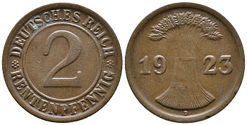 ГЕРМАНИЯ 2 РЕНТЕНПФЕННИГА 1923 D KM 31, J. 307 бронза 24-423