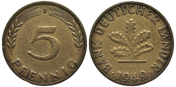 ФРГ 5 ПФЕННИГОВ 1949 J KM 102, Jager 377 сталь плакированная латунью 4547-736